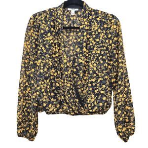 Bar III Top Womens Small Floral Surplice Faux Wrap Sheer Long Sleeve Bohemian